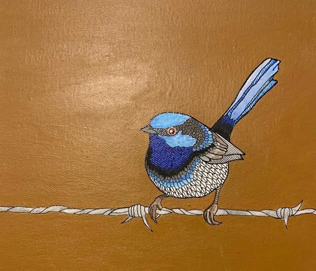 Intricate painting of a fairy wren bird by Australian artist Vanessa Goess