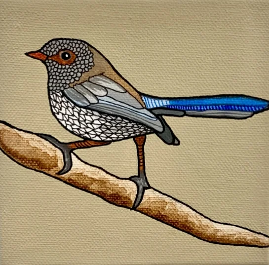 Intricate lady wren bird painting by Australian artist Vanessa Goess